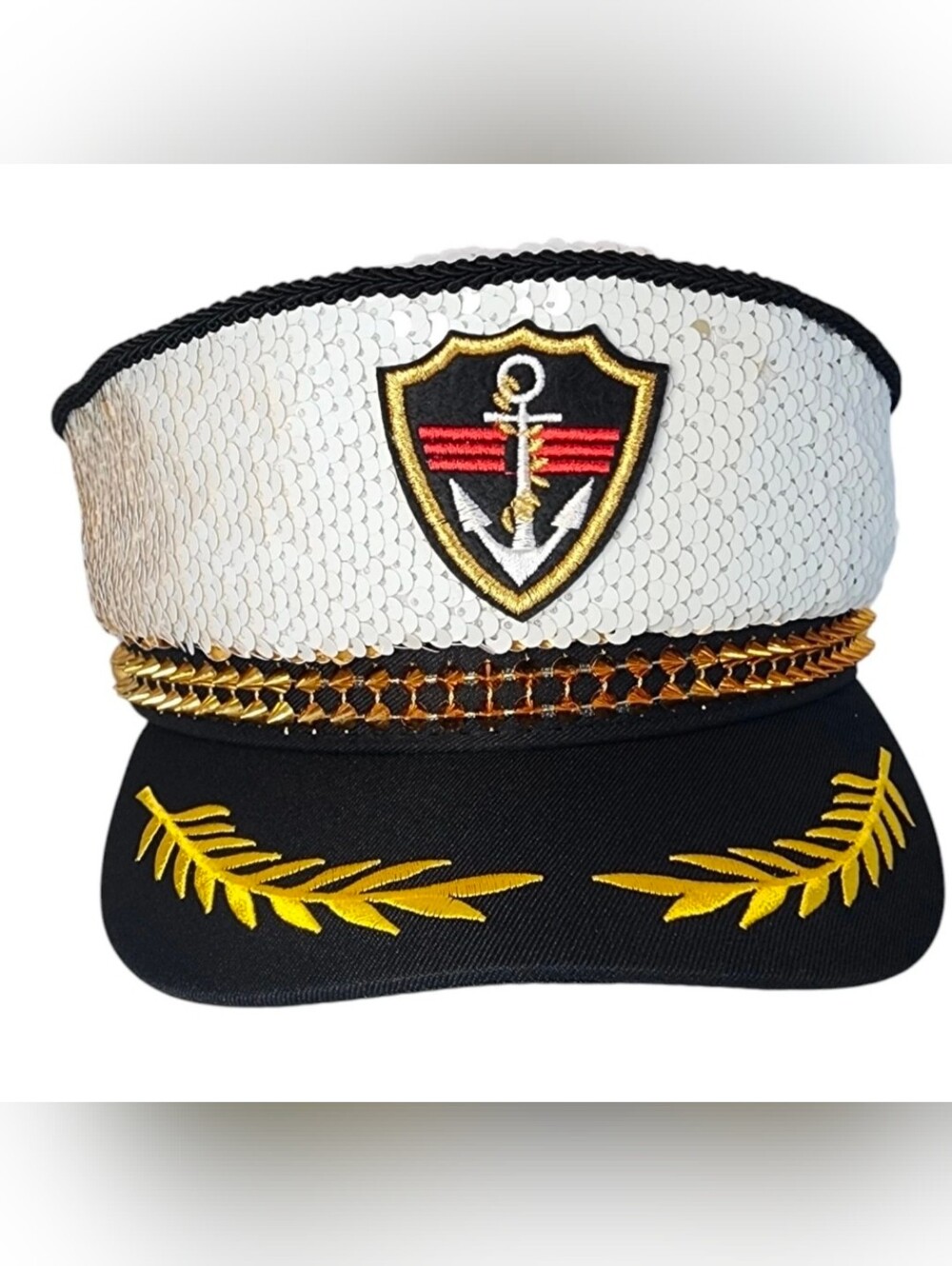 CAPTAIN HAT SEQUIN FABRIC Adjustable strap White & Gold Color
